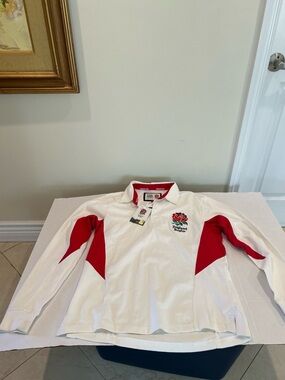 New England Rugby Men’s  Long Sleeve Polo Shirt - White & Red size small